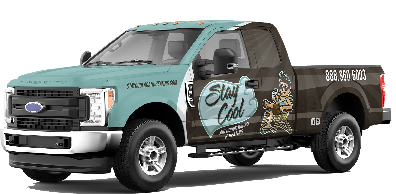 Full Wrap Truck with the logo and name of Stay Cool company, an example of vehicle wrap services.
