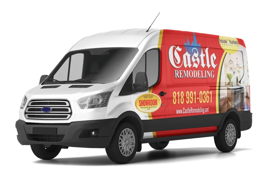 A partial van wrap design with the logo and name of a remodeling company, an example of vehicle wrap services.