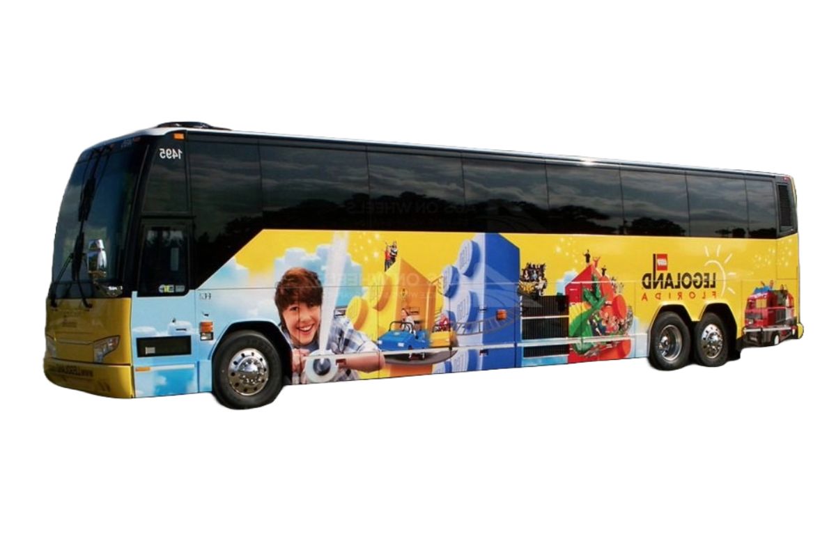 A commercial bus wrap design with the logo and name of a company, an example of vehicle wrap services.